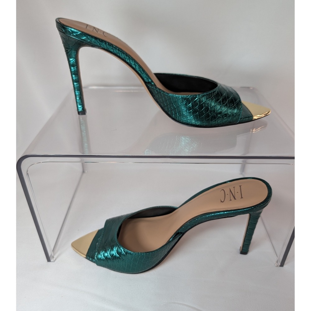 INC International Concepts Amra Metallic Green Croc Embossed Mule Heels Size 9M